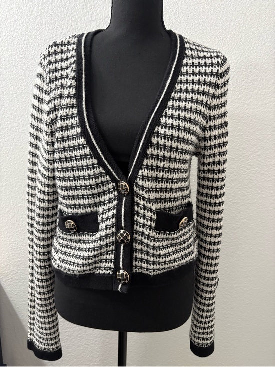 London Kaye Sweaters - Black and White Tweed Button-Front Cardigan Sweater